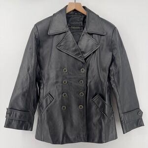 Reza Duro Leather Jacket‎ Double Breasted Button Front Peacoat Black Women L